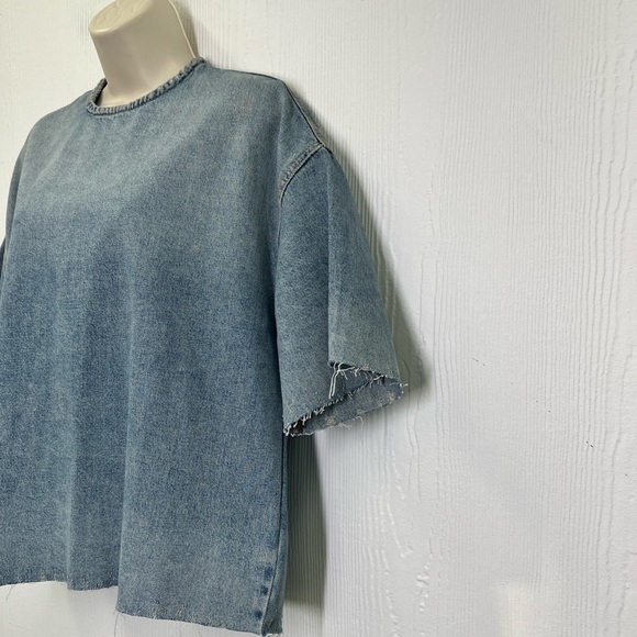 Zara - Blue Stonewashed With Frayed Hemline Denim Short Sleeve Shirt Size XS - Picture 6 of 12